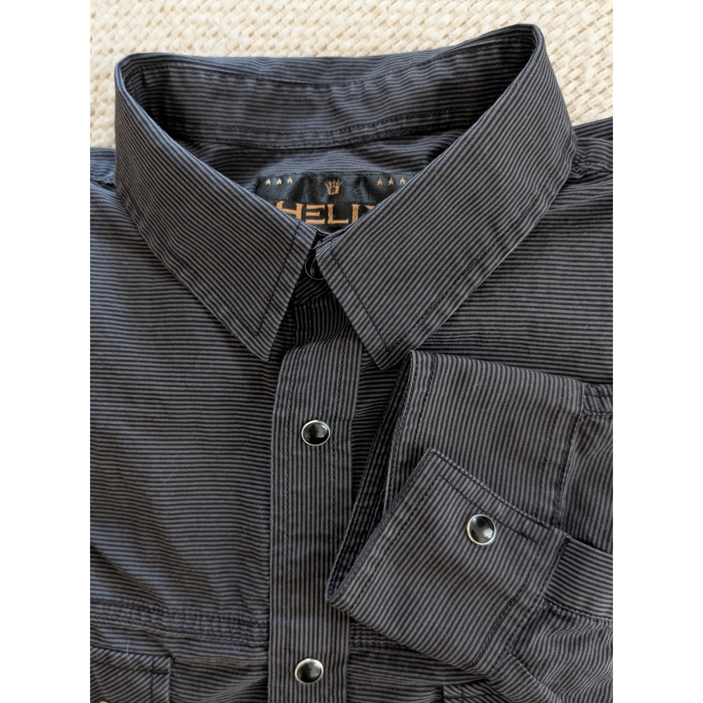 Helix Mens Black Grey Striped Long Sleeve Snap Front Shirt Large Dual Pockets